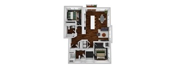 A 3D floor plan of a house with a living room, kitchen, and two bedrooms.