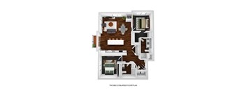 A two bedroom d enlarged floor plan with a living room, kitchen and bathroom.