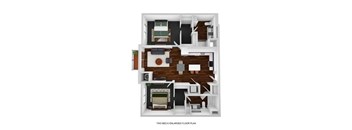 A two bedroom and enlarged floor plan shows a living room, kitchen, and bathroom.