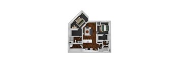 A 3D rendered image of a house layout with a kitchen, living room, and two bedrooms.
