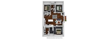 A 3D floor plan of a three bedroom apartment.