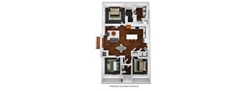 A three bedroom condo floor plan with a living room, dining room, kitchen, and two bathrooms.