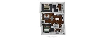 A 3D floor plan of a two bedroom enlarged floor plan.