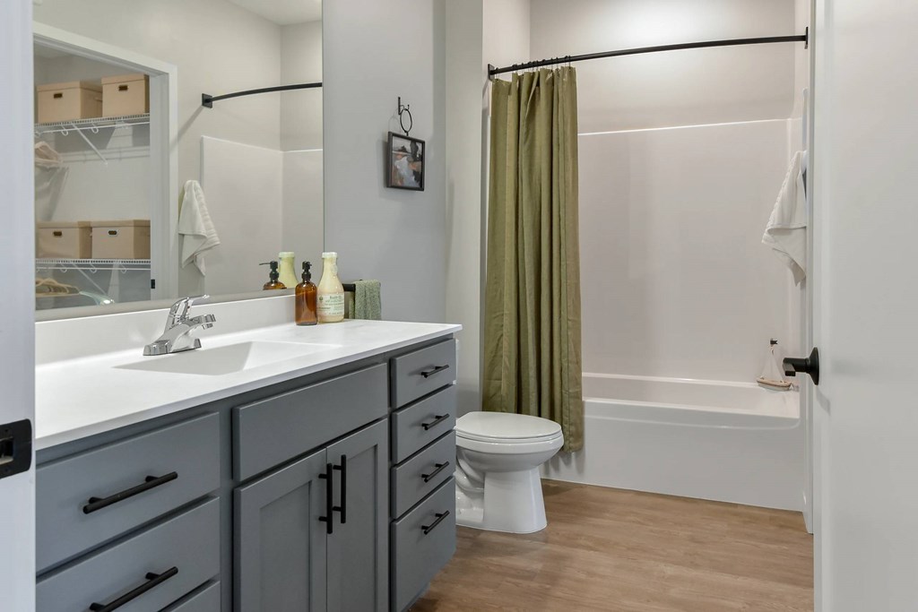 A bathroom with a white sink, a white toilet, a green shower curtain, and a white bathtub.