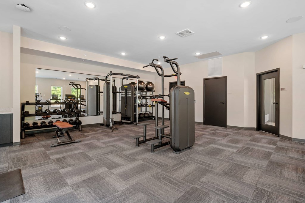 A gym with a variety of equipment including a treadmill, weights, and a bench.