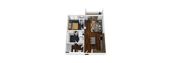 A 3D floor plan of a small apartment with a living room, kitchen, and bedroom.