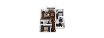 A 3D floor plan of a small apartment with a living room, kitchen, and bedroom.