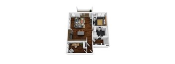 A 3D floor plan of a small apartment with a living room, kitchen, and bedroom.