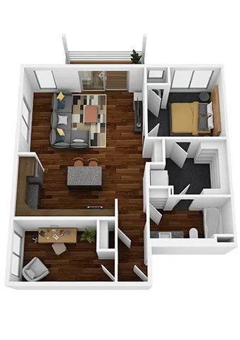 A 3D floor plan of a small apartment with a living room, kitchen, and bedroom.