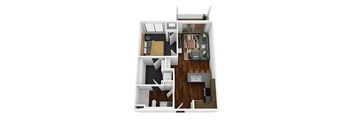 A 3D floor plan of a small apartment with a living room, kitchen, and bedroom.