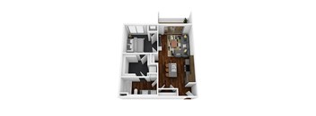 A 3D floor plan of a small apartment with a living room, kitchen, and bedroom.