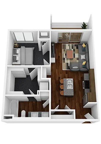 A 3D floor plan of a small apartment with a living room, kitchen, and bedroom.