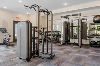 A gym with a variety of equipment including a treadmill, weights, and a stationary bike.