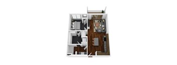 A floor plan of a small apartment with a kitchen, living room, and bedroom.