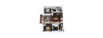 A 3D floor plan of a small apartment with a bedroom, living room, kitchen, and bathroom.