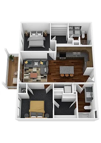 A 3D floor plan of a small apartment with a bedroom, living room, kitchen, and bathroom.