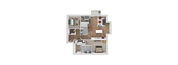 A 3D floor plan of a house with a kitchen, living room, and two bedrooms.