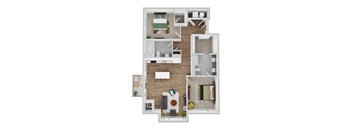 A floor plan of a house with a living room, kitchen, and two bedrooms.
