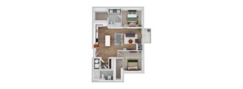 A floor plan of a house with a living room, dining room, kitchen, and two bedrooms.