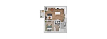 A floor plan of a house with a kitchen, living room, and two bedrooms.