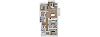 A detailed 3D floor plan of a two-bedroom apartment.