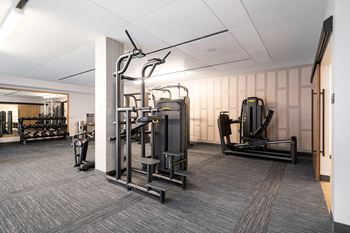 A gym with a variety of equipment including treadmills, weights, and exercise machines.