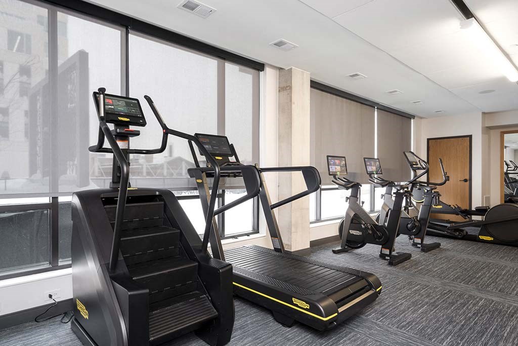 A gym with treadmills and elliptical machines.