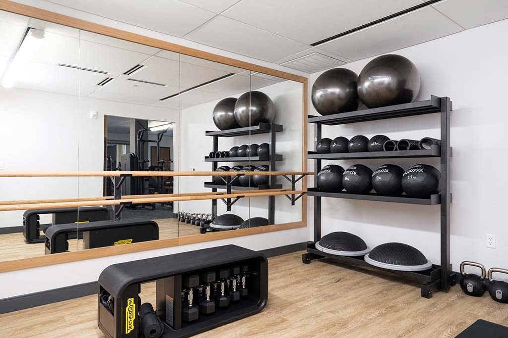 A gym with a mirror, weights, and exercise balls.