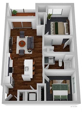 A top down view of a small apartment with a living room, kitchen, and bedroom.