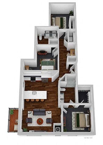 A floor plan of a multi-level home with various rooms and furniture layouts.