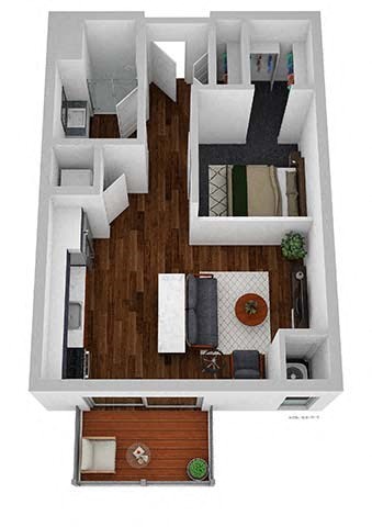 A top down view of a house with a living room, dining room, kitchen, and two bedrooms.
