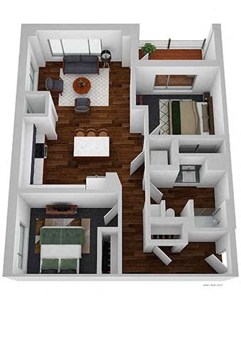 A top down view of a house with a living room, dining room, kitchen, and bedrooms.