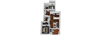 A floor plan of a house with a living room, kitchen, and two bedrooms.