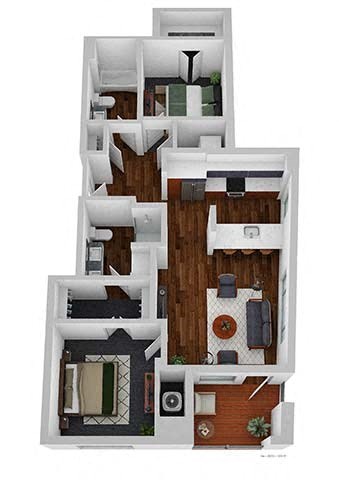 A floor plan of a house with a living room, kitchen, and two bedrooms.