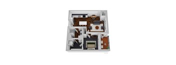 A 3D floor plan of a house with a living room, dining room, kitchen, and two bedrooms.