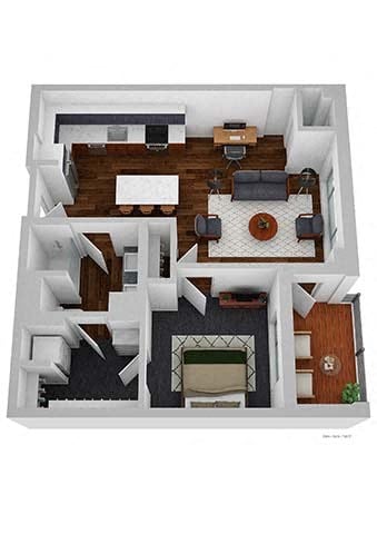 A 3D floor plan of a house with a living room, dining room, kitchen, and two bedrooms.