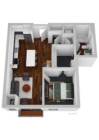 A 3D floor plan of a house with a kitchen, living room, dining room, and bedrooms.