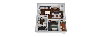 A top-down view of a house layout with a living room, dining area, kitchen, and bedrooms.