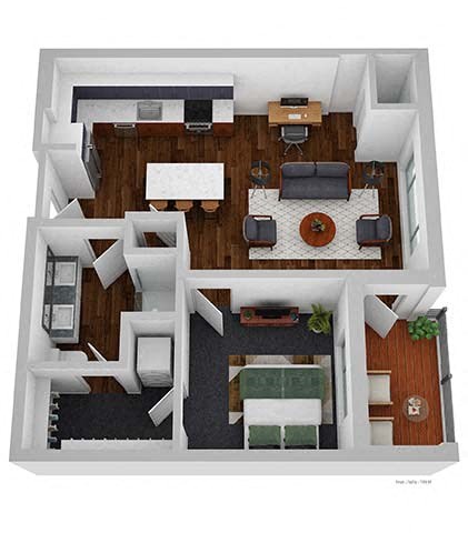 A top-down view of a house layout with a living room, dining area, kitchen, and bedrooms.
