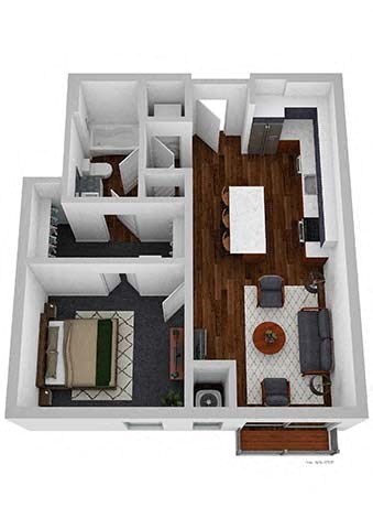 A top down view of a small apartment with a kitchen, living room and bedroom.