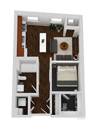 A 3D floor plan of a small apartment with a kitchen, living room, and bedroom.
