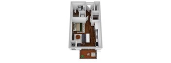 A top down view of a small apartment with a living room, kitchen, and bathroom.