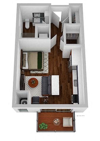 A top down view of a small apartment with a living room, kitchen, and bathroom.