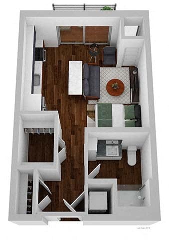 A top down view of a house with a living room, dining room, kitchen, and two bedrooms.