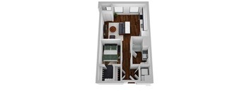 A 3D floor plan of a small apartment with a living room, kitchen, and bathroom.