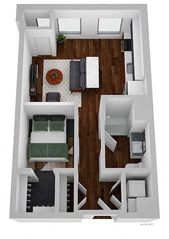 A 3D floor plan of a small apartment with a living room, kitchen, and bathroom.
