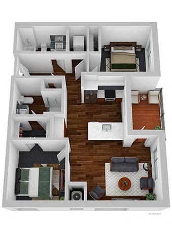 A top down view of a house layout with a living room, dining room, kitchen, and bedrooms.