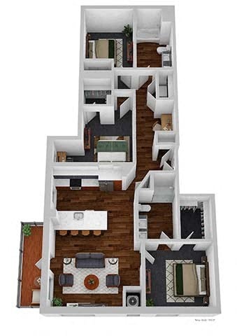 A top-down view of a multi-level home interior with various rooms and furniture.
