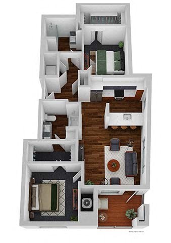 A 3D floor plan of a multi-level home with various rooms and furniture.
