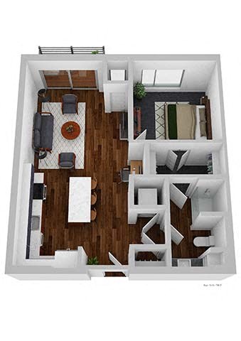 A top down view of a modern apartment with a kitchen, living room, and dining area.